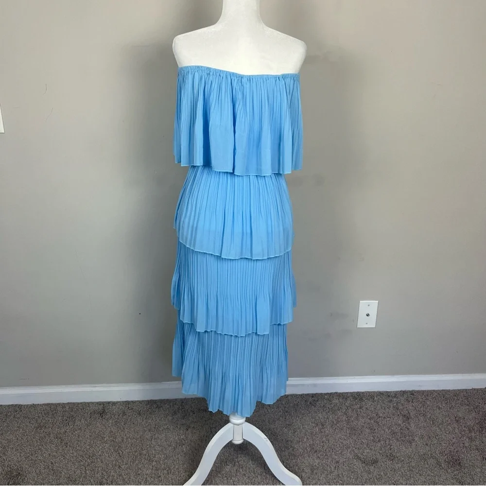 OFF THE SHOULDER TIERED PLEATED MIDI CHIFFON DRESS IN LIGHT BLUE SIZE MEDIUM - Picture 11 of 16